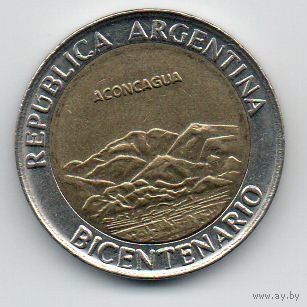 РЕСПУБЛИКА АРГЕНТИНА 1 ПЕСО 2010. 200 лет Аргентине - вулкан Аконкагуа. БИМЕТАЛЛ