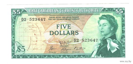 Восточные Карибы 5 долларов образца 1965 года. Тип Р14h. Состояние XF+