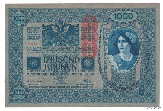 Австро-Венгрия 1000 марок образца 1902 года. Вертикальная надпечатка. Состояние aUNC!