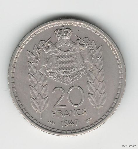Монако 20 франков 1947 года. Состояние XF+!