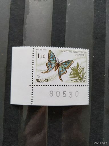1980 Франция фауна бабочка чистая клей MNH** угловая с номером печатного листа выпускалась одиночкой (2-7)