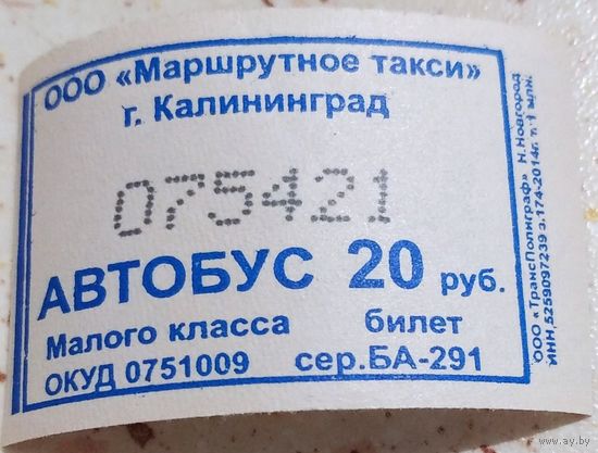Билет Калининград автобус малого класса 20 руб. Возможен обмен