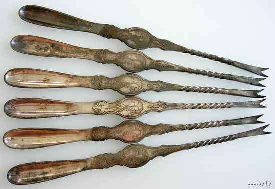 Набор из 6 вилок для лобстеров производства A. Krupp Berndorf, Австрия, 1891 -1927, альпака, серебрение