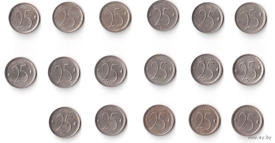 Бельгия, 25 сантимов. Belgiё и Belgique. ПОГОДОВКА, 1964-1975, монеты