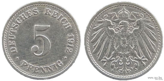YS: Германия, Рейх, 5 пфеннигов 1912D, KM# 11 (2)