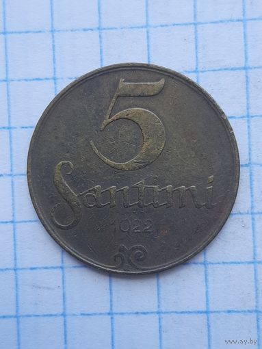 5 сантимов 1922. Латвия. С 1 рубля