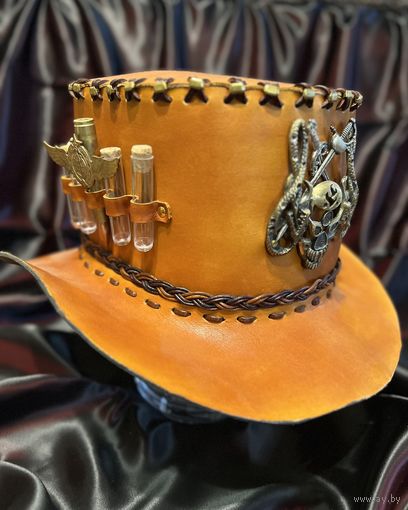 Шляпа, цилиндр из натуральной кожи ручной работы в стиле стимпанк