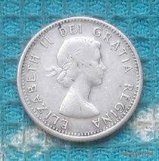 Канада 10 центов 1964 года. Серебро. Королева Елизавета II. Корабль.