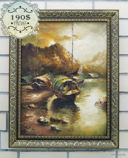 Картина в раме "Fischerdorf" Холст, Масло. Германия, Середина ХХ века.