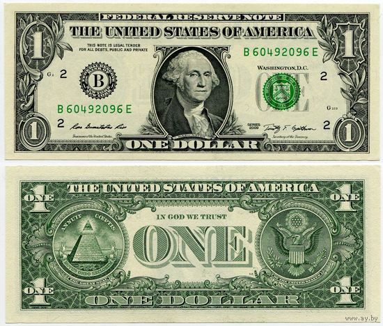 США. 1 доллар (образца 2009 года, B, Нью-Йорк, P530, UNC)