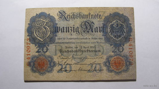 Германия Ro40а. 20 марок 1910 г. ( Без водяных знаков. 6 цифр в номере )