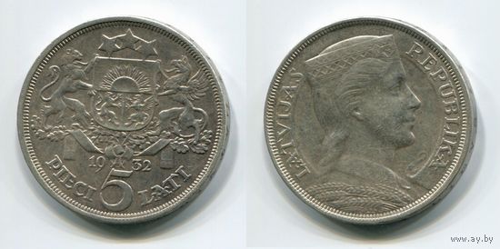 Латвия. 5 лат (1932, серебро, XF)