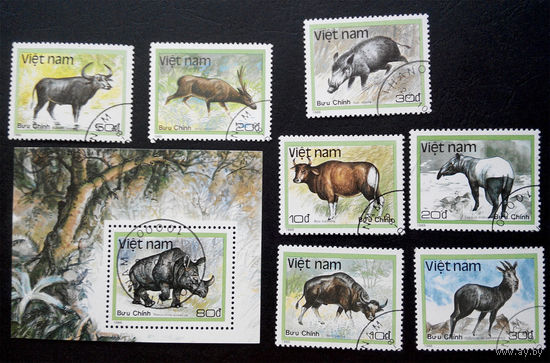 Вьетнам 1988 г. Животные. Фауна, полная серия из 7 марок + Блок #0167-Ф1
