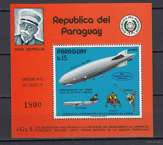 Авиация. Цеппелин. Парагвай. 1975. 1 блок. Michel N бл246 (50,0 е)