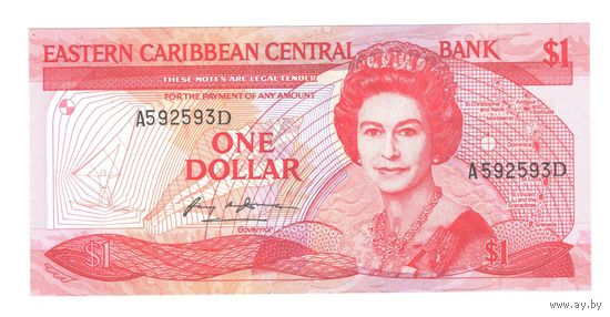 Восточные Карибы 1 доллар образца 1988 года. Тип Р 21d. Буква D (Доминика). Состояние UNC!