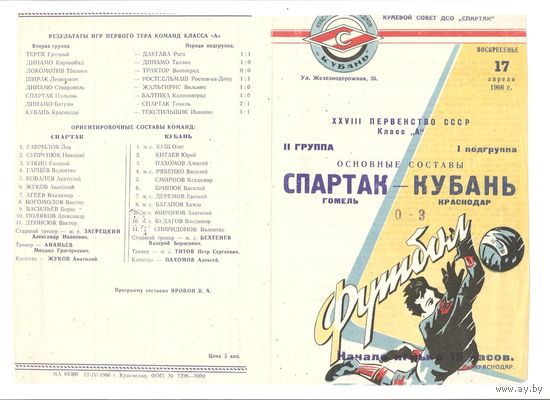 Кубань (Краснодар) - Спартак (Гомель) 1966