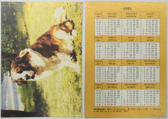 Карманный календарик 1991, Сенбернар
