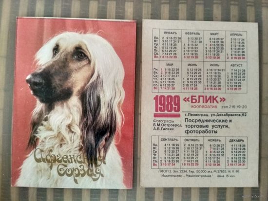Карманный календарик. Собака. 1989 год