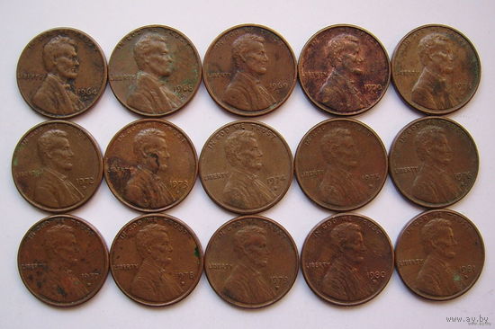 США  1цент  1964-1981г.г.  (погодовка - 15шт.)  буква "D".