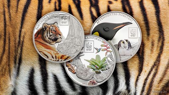 Танзания 300 шиллингов 2016г. "WWF". Монеты в капсулах; мешочках. Cu/посеребрение 3х25 гр.