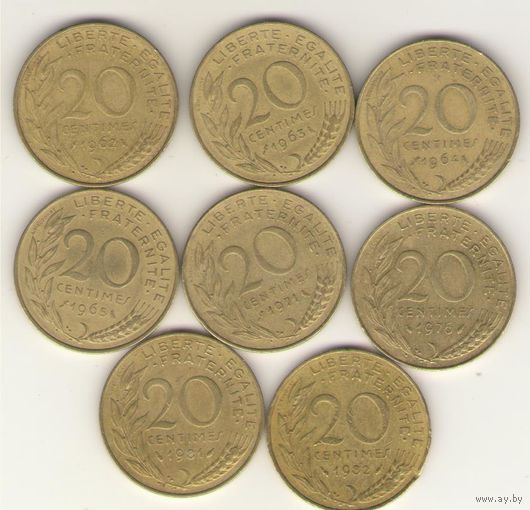 20 сантимов 1962, 1963, 1964, 1965, , 1976, 1981, 1982 г.