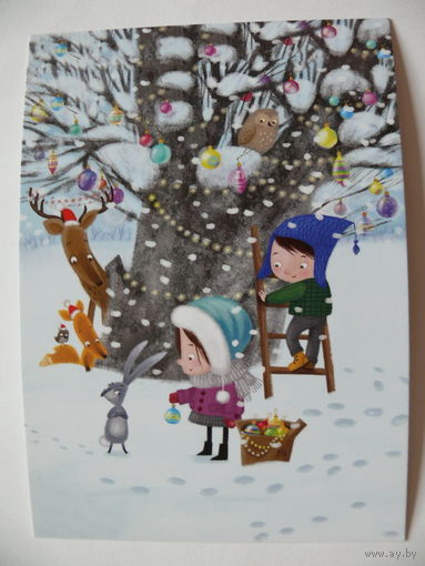 Современная открытка, Демидова Ольга, Мальчик и девочка. Зима; чистая.