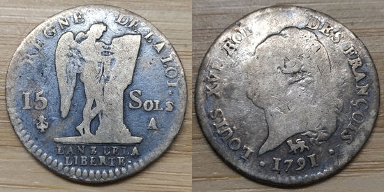 15 Солей 1791 год Франция Людовик XVI серебро. Тираж всего 494.000.