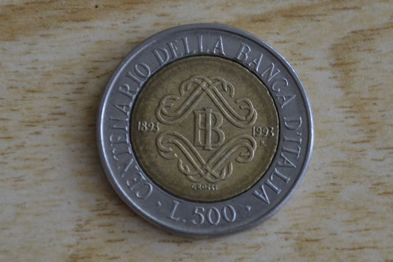 Италия 500 лир 1993  ( 100 лет банку Италии  )