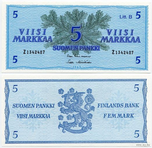 Финляндия. 5 марок (образца 1963 года, P106A, UNC)