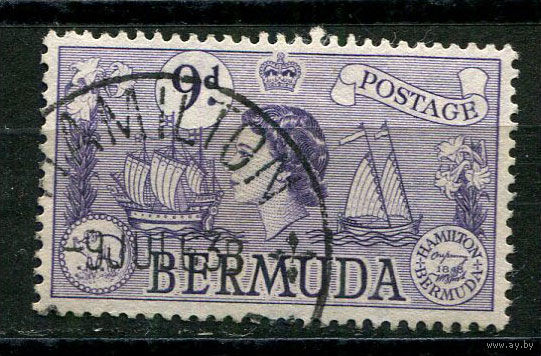 Британские колонии - Бермуды - 1953/1959 - Королева Елизавета II и парусники 9Р - [Mi.140] - 1 марка. Гашеная.  (Лот 95AK)