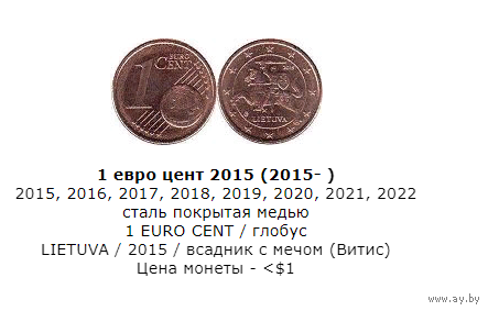 Монета 1 евроцент. Литва . 2017 год