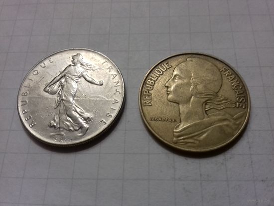 Франция 1 франк 1977 + 20 сантимов 1973 одним лотом