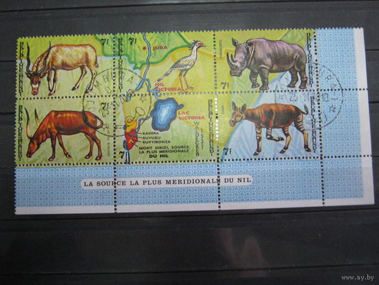 Марки - фауна, Бурунди, птицы, звери, карта, носорог