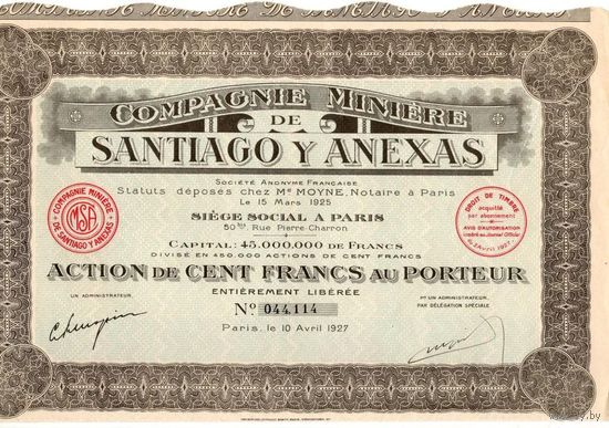 Miniere de Santiago y Anexas (Compagnie)  (горнодобывающая компания в Сантьяго, Мексика),  Париж, 1925 г.