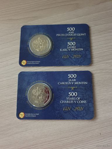 Бельгия 2 монеты по 2 евро 2021 юбилейные 500 лет выпуску гульдена Карла V BU Коинкард