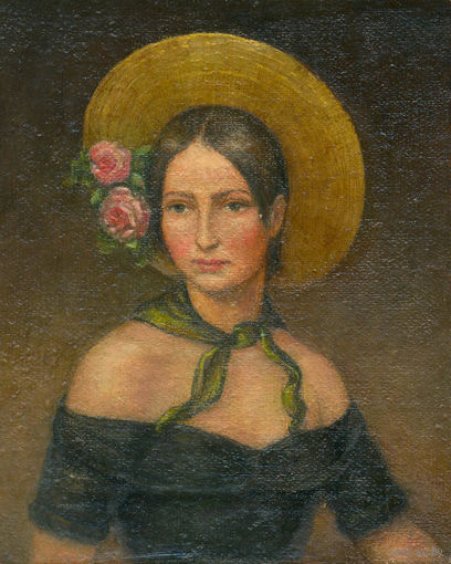 Картина-миниатюра: "Девушка в шляпке"., - написана маслом на холсте, который приклеен на ДВП, - была покрыта лаком. Автор картины - Мельник К.