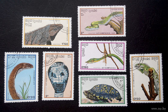 Кампучия 1988 г. Рептилии. Фауна, полная серия из 7 марок #0155-Ф1