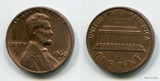 США. 1 цент (1968, буква D, XF)