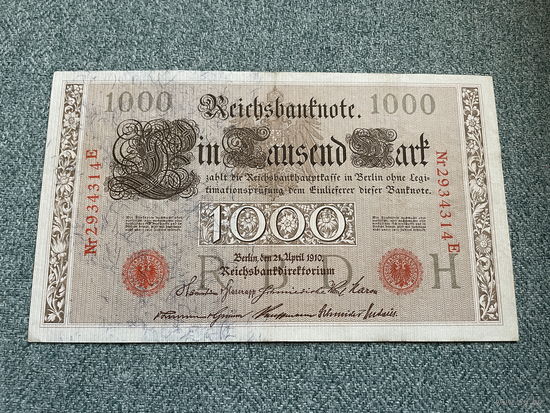 Германия Имперская банкнота 1000 марок серия H 2934314 E. Берлин 21.04.1910 год / Две красные печати. Защитные волокна зелено-голубые